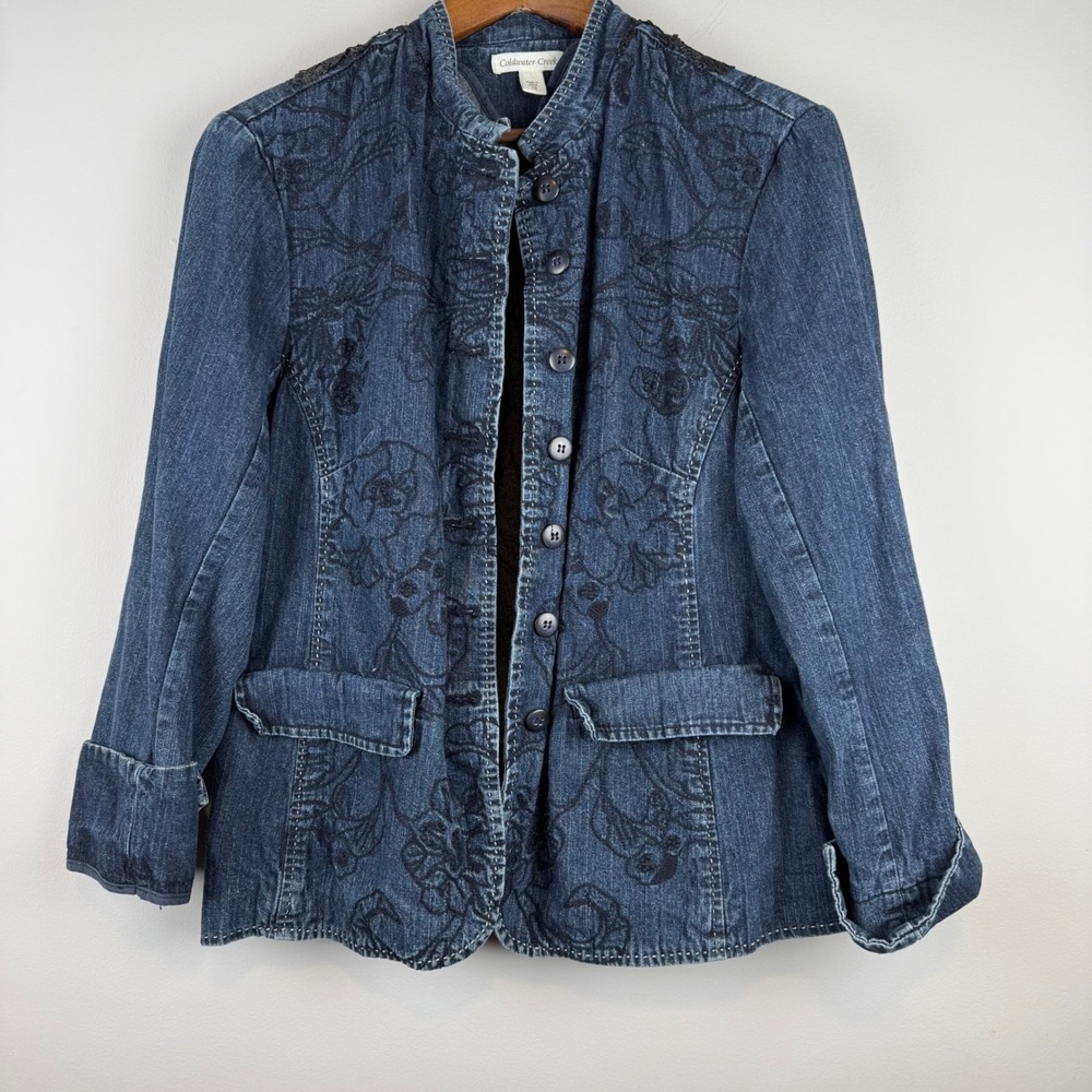 Denim Embrodered Lace Denim Jacket Size 16 Blue Floral Cottagecore Romantic Boho